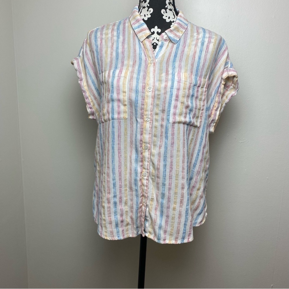 Lucky Brand Split Back Striped Button Front Lightweight Top